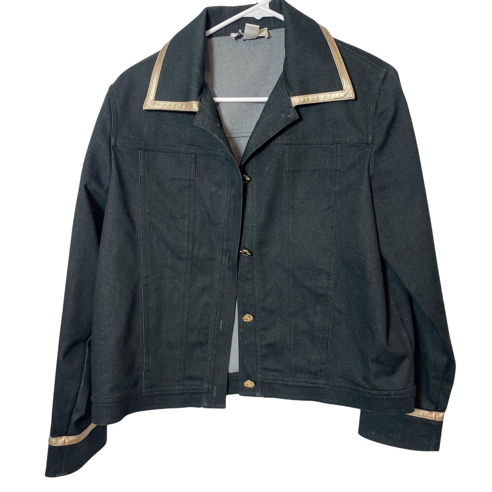 St. John Sport Long Sleeve Denim Jacket Blue S Womens Button‎ Up Metallic Trim